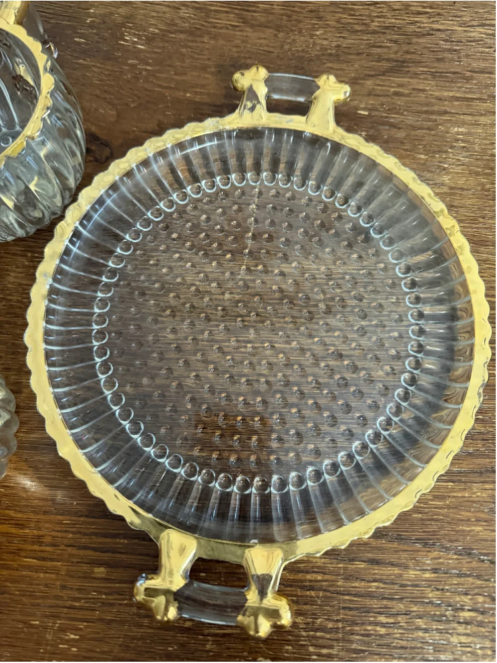 Vintage Smoked Glass Creamer Sugar Bowl & Serving Tray Gold Gilt Hollywood Regen